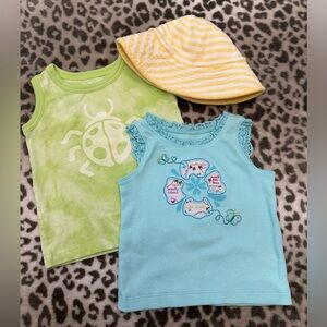 Carter’s & Sonoma Graphic Tank Tops & Hat Bundle in Blue Green Yellow 12 Months